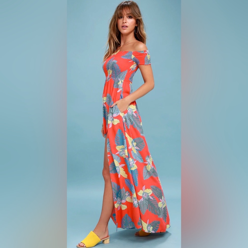 Lulu's Patsy Coral Red Floral Print Off-the-Shoulder Dress